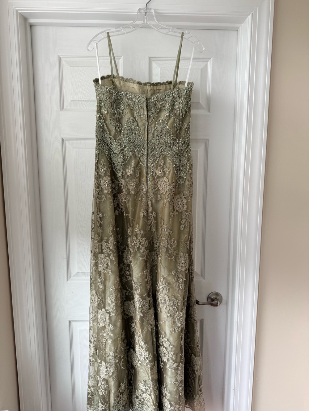 Olive Strapless Lace Evening Gown with Beaded Bodice